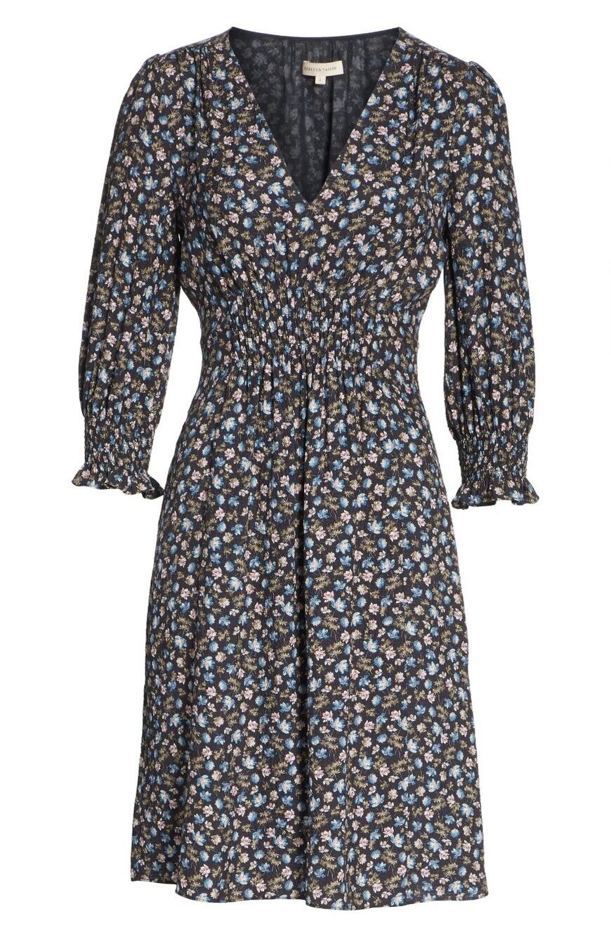 Rebecca Taylor Silk Floral Dress Women's 4 Black Smocked Long Sleeve Prairie
